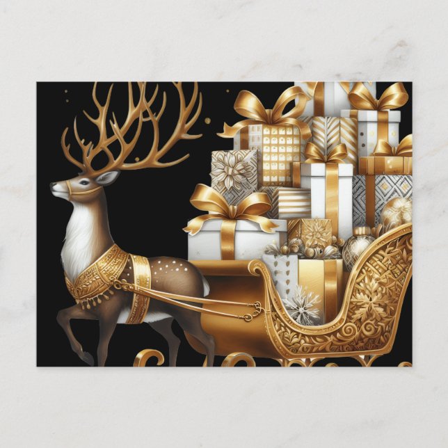 Postal Ciervo con regalos de Navidad elegante oro & negro (Anverso)