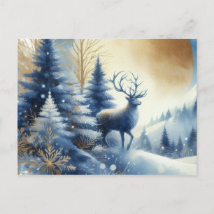 Postal Ciervo en bosque invernal diseño azul y dorado pos