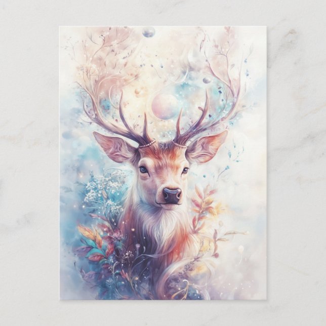 Postal Ciervo Macho con Cuerno Floral Etéreo Luminoso (Anverso)