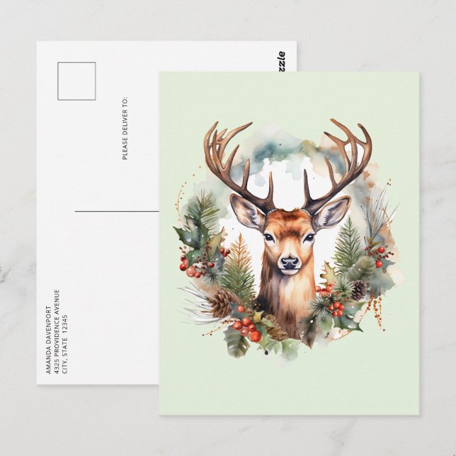 Postal Ciervo marrón con cuernos Navidad rústica (Anverso / Reverso)