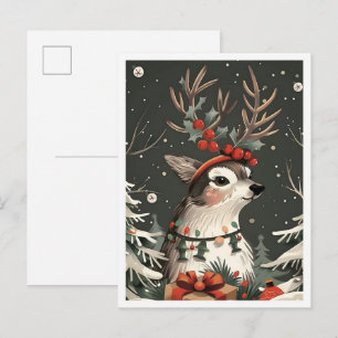 Postal Ciervo Navideño Vintage Feliz