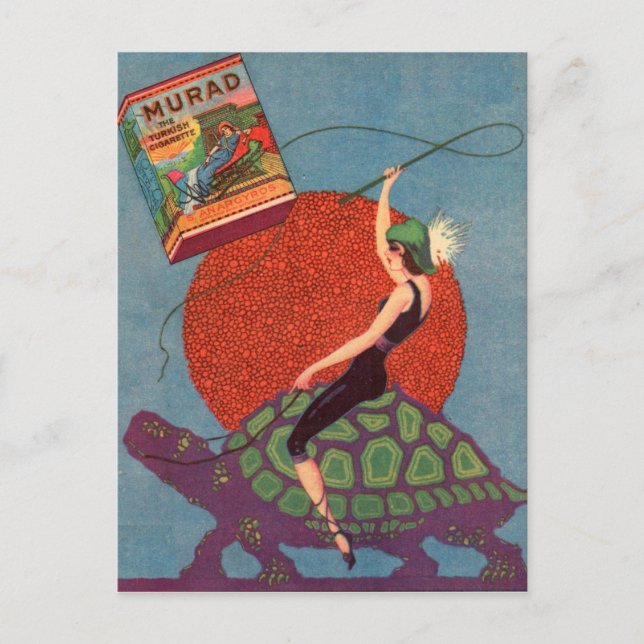 Postal Cigarrillos de Murad dama montando tortuga gigante (Anverso)