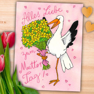 Postal Cigüeña alemana rosa del Día de la Madre con flore