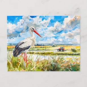 Postal Cigüeña en campos de verano Havelland estilo acuar