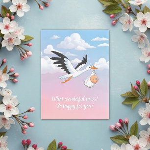 Postal Cigüeña llevando un bebé en un cielo nublado