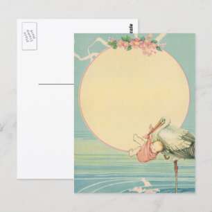 Postal Cigüeña vintage con niña en manta rosa