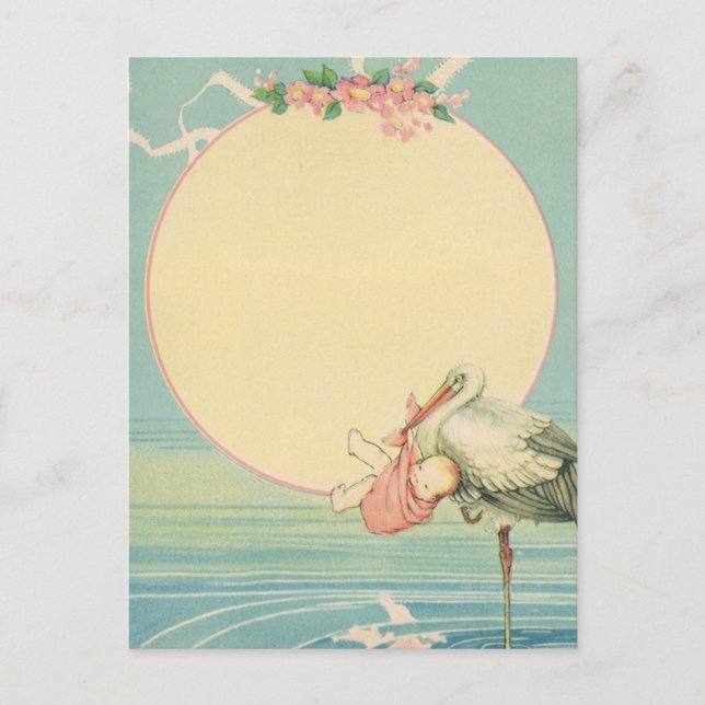 Postal Cigüeña vintage con niña en manta rosa (Anverso)