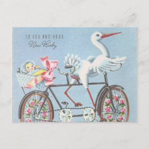 Postal Cigüeña vintage en bicicleta para ti y tu bebé