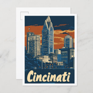 Postal Cincinati Ohio Ilustracion de Viajes de Arte Vinta
