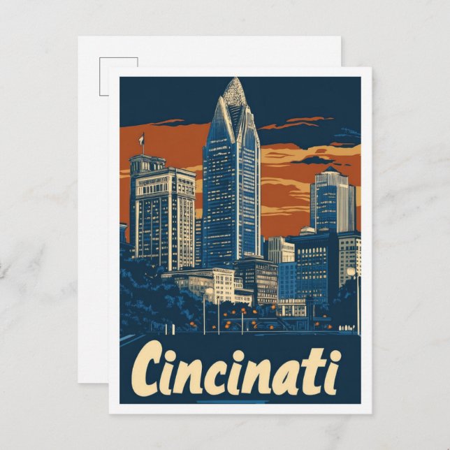 Postal Cincinati Ohio Ilustracion de Viajes de Arte Vinta (Anverso / Reverso)