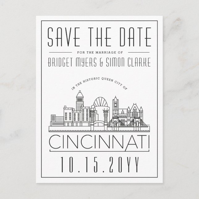 Postal Cincinnati Boda Estilizado Skyline Save the Date (Anverso)
