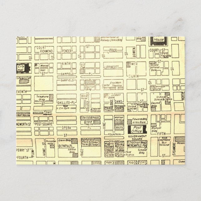 Postal Cincinnati, OH Mapa de Vintage