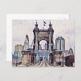 Postal Cincinnati Roebling Suspensión Bridge Watercolor