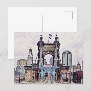 Postal Cincinnati Roebling Suspensión Bridge Watercolor