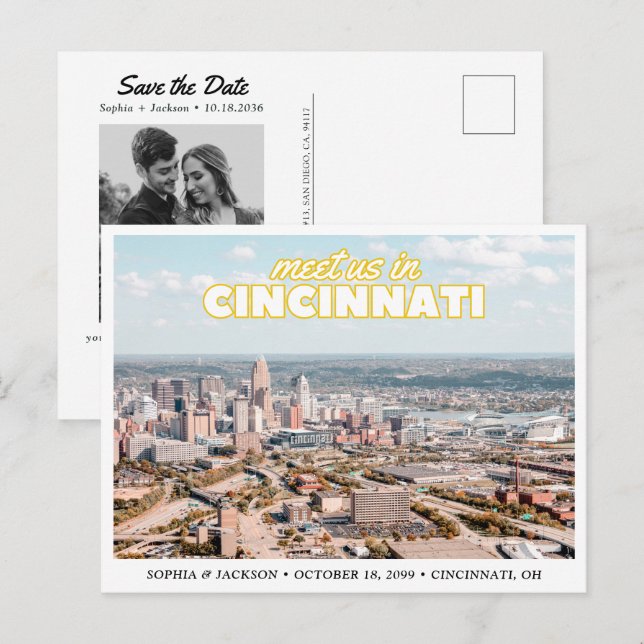 Postal Cincinnati Save the Date Retro Wedding Postcard (Anverso / Reverso)