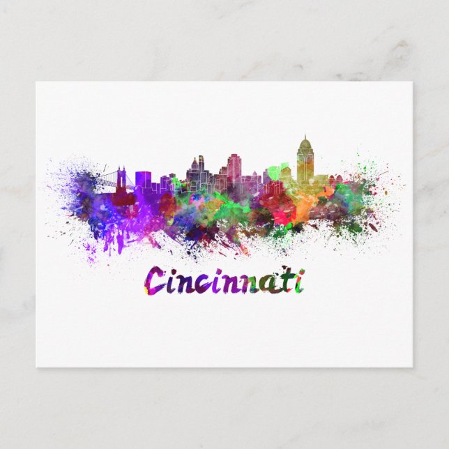 Postal Cincinnati skyline in watercolor