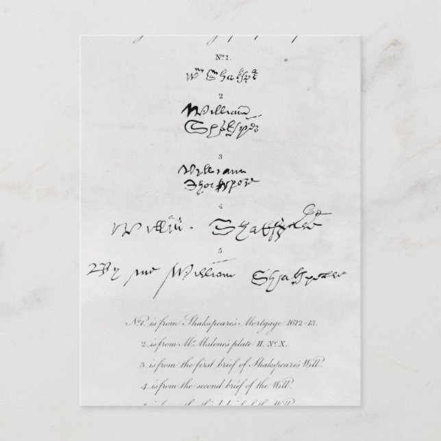 Postal Cinco auténticas autógrafas de William Shakespeare (Anverso)