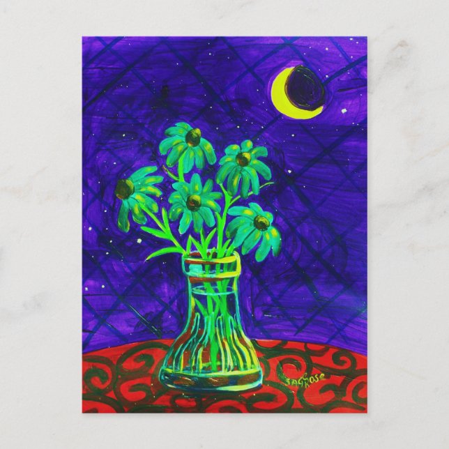 Postal Cinco flores verdes felices (Anverso)