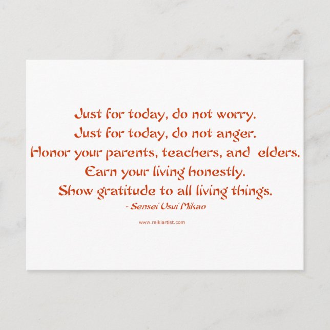 Postal Cinco receptores de Reiki: Palabras para vivir (Anverso)