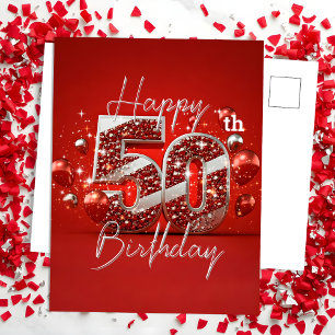 Postal Cincuenta Cumpleaños Rojo y Plateado Brillante