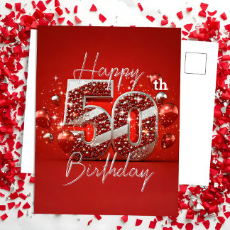 Postal Cincuenta Cumpleaños Rojo y Plateado Brillante