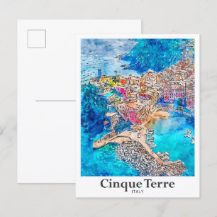 Postal Cinque Terre Italia Viaje Mano de color de agua de
