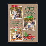 Postal Cinta Cinta Cinta Cinta Cinta Cañón Rojo Kraft Hol<br><div class="desc">La tarjeta postal de vacaciones de 3 Collages de fotos Happy Holidays incluye Craft Tape y Watercolor Vintage Red Truck con Árbol de Navidad. Rústico Papel Kraft.</div>