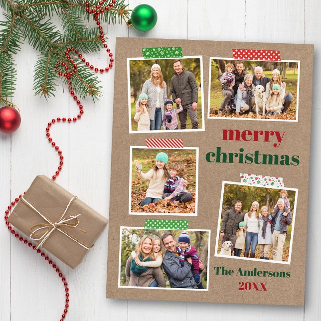 Postal Cinta de arte Merry Christmas 5 Photo Kraft (Customize to change your personalized text size or text style.)