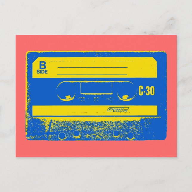 Postal Cinta de casete retro azul y amarillo (Anverso)