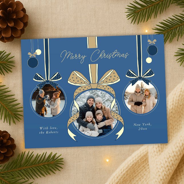 Postal Cinta de la pelota de ornamento de Navidad Tres fo (elegant ribbons, bows and ball balls photo collage Christmas postcards in blue and beige)