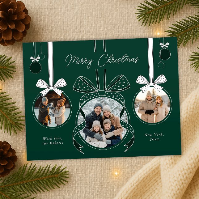 Postal Cinta de la pelota de ornamento de Navidad Tres fo (elegant ribbons, bows and ball balls photo collage Christmas postcards in green and white)