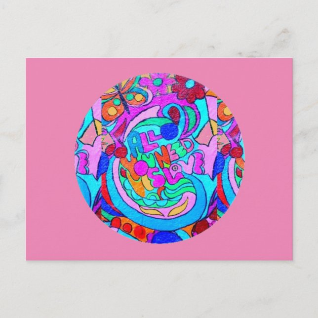 Postal circulo de amor hippie groovy rosa (Anverso)