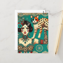 Postal Circus Woman y un gato