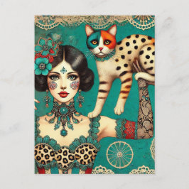 Postal Circus Woman y un gato