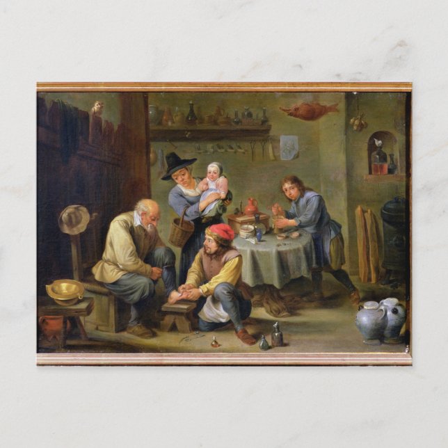 Postal Cirujano cuidando del pie de un anciano (Anverso)