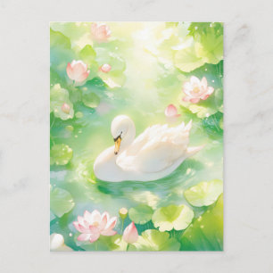Postal Cisne Blanco Elegante en Estanque de Loto Luminoso