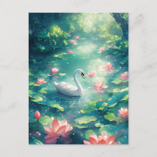 Postal Cisne blanco elegante en estanque de loto rosa