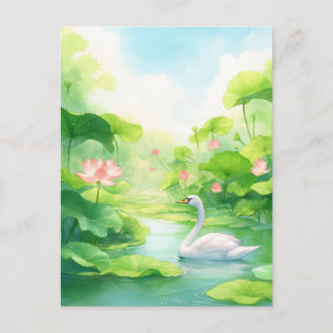 Postal Cisne blanco elegante en estanque de loto rosa