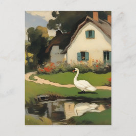 Postal Cisne blanco parado frente a una cabaña