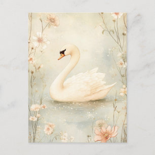 Postal Cisne caprichoso con Ilustracion de flores