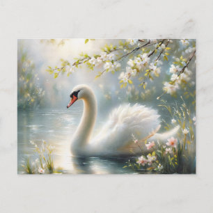 Postal Cisne de primavera nadando en floraciones del lago