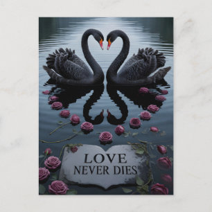 Postal Cisnes negros románticos reflejando corazón con te