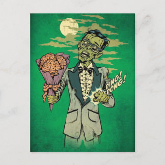 Postal cita de promoción de zombie con rosas cerebrales