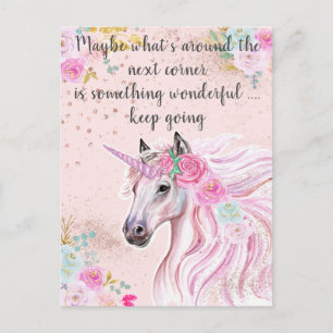 Postal Cita de purpurina dorada floral rosa teal Unicorni