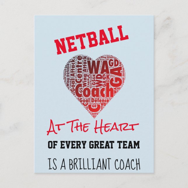Postal Cita del entrenador de Netball Amor Motivador (Anverso)