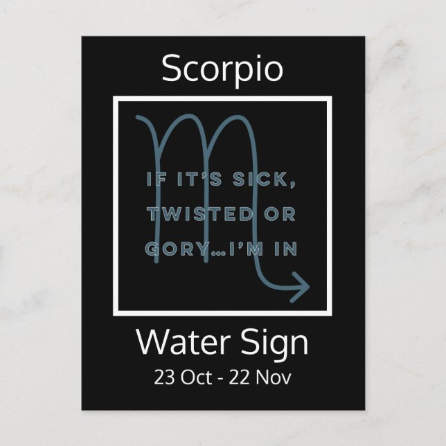 Postal Cita divertida de Rótulo Escorpio Zodiaco en azul  (Anverso)