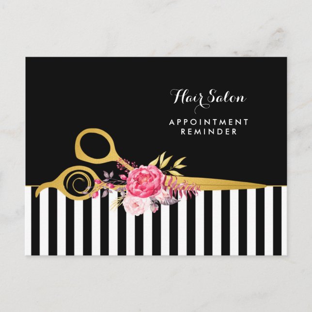 Postal Cita Faux Gold Scissors Salón Floral Rosa (Anverso)