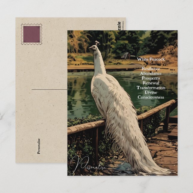 Postal Cita Inspiradora de pájaro de pavo real blanco esp (Anverso / Reverso)