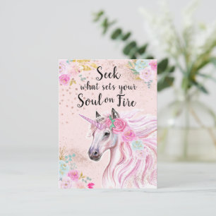 Postal Cita inspiradora de Unicornio rosa dorado con purp