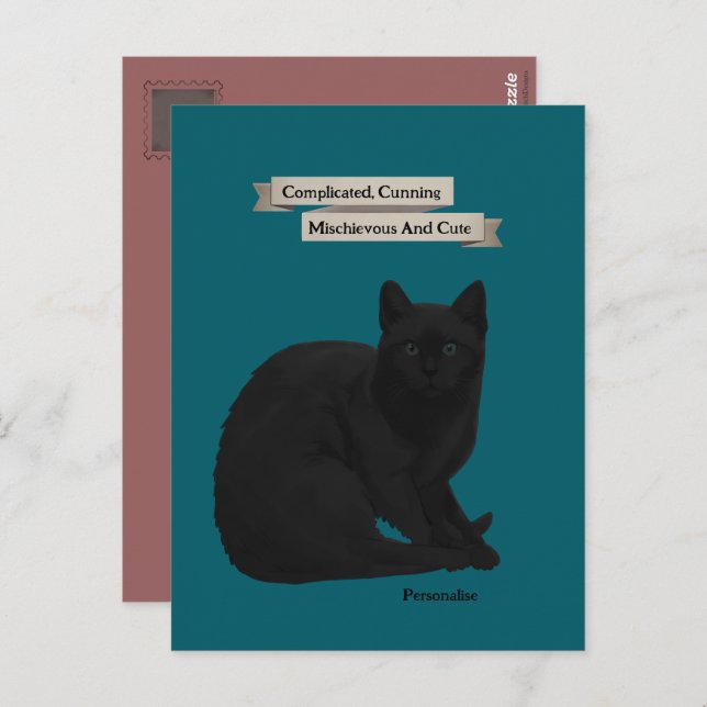 Postal Cita Misteriosa Gato Negro Personal Teal Rosa (Anverso / Reverso)